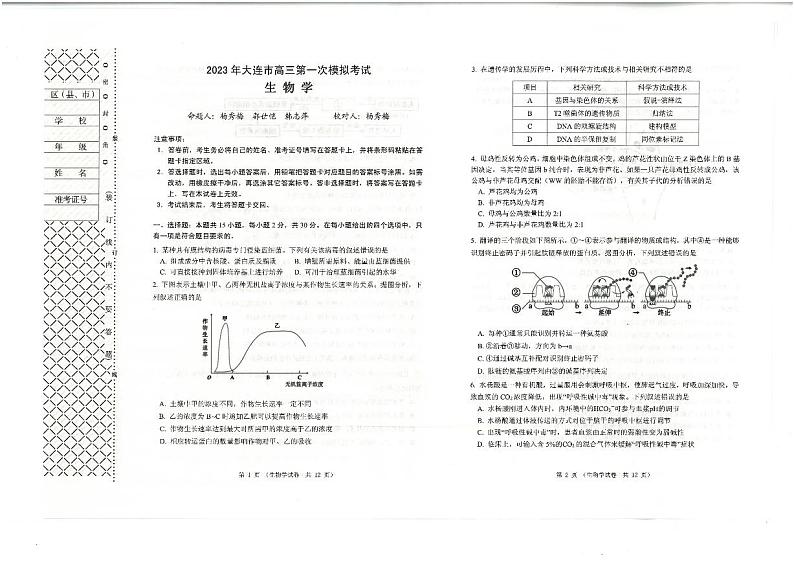 2023年辽宁省大连市高三一模生物试卷第1页