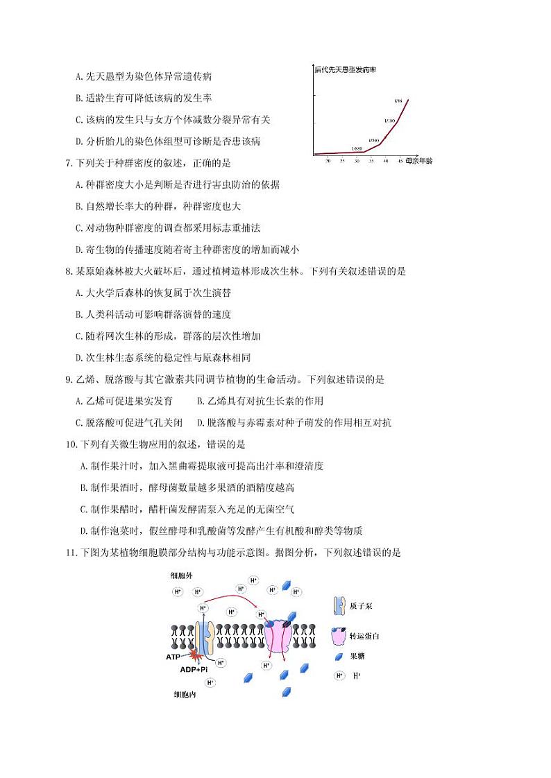 2021届浙江省丽水、湖州、衢州三地市高三下学期4月教学质量检测生物试题 PDF版第2页