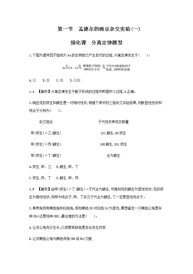 人教版高中生物必修2孟德尔的豌豆杂交实验(一)强化课　作业含答案第1页