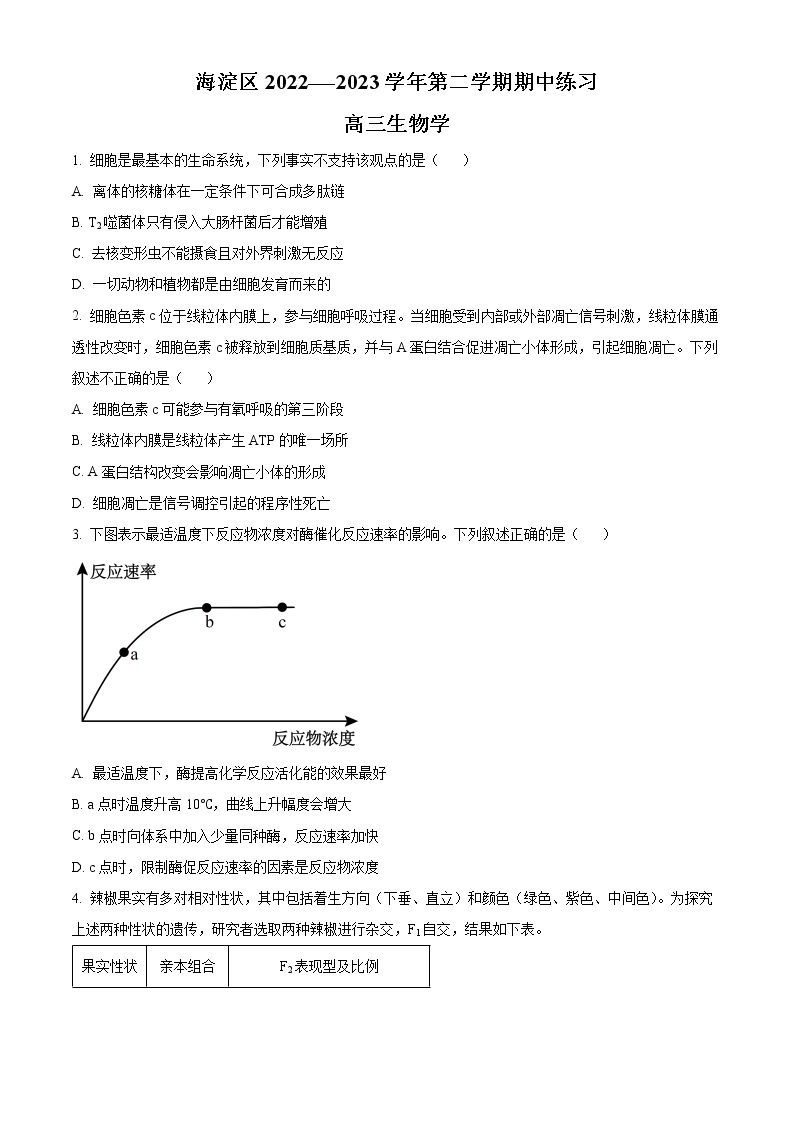 2023北京海淀区高三下学期期中考试（一模）生物含解析01
