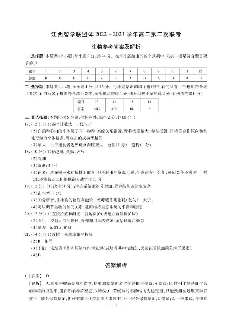2023江西省智学联盟体高二下学期第二次联考生物试题PDF版含答案01