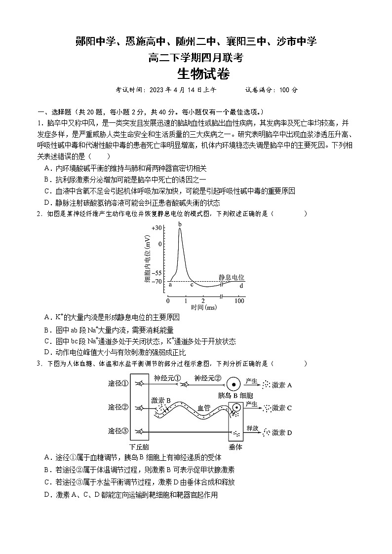 湖北省荆州市沙市中学等五校2022-2023学年高二生物下学期4月期中联考试题（Word版附答案）01