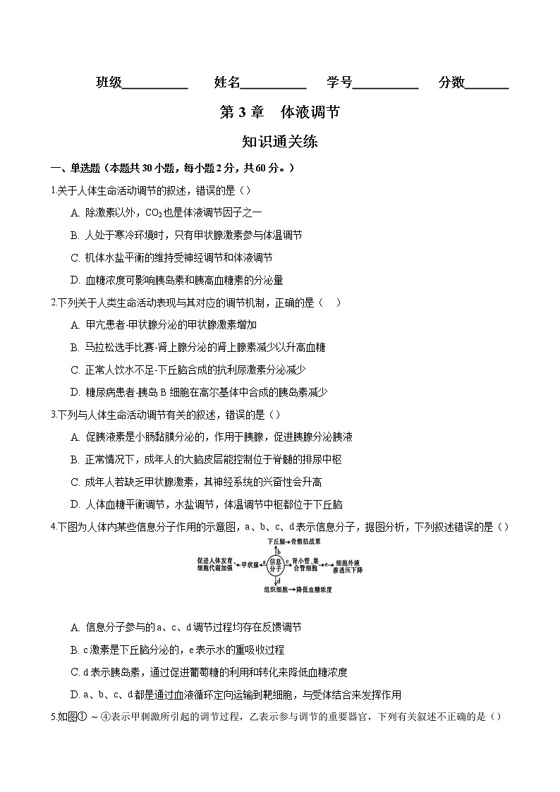 第3章 体液调节（知识通关练）-【单元测试】高二生物分层训练AB卷（人教版2019选择性必修1）01