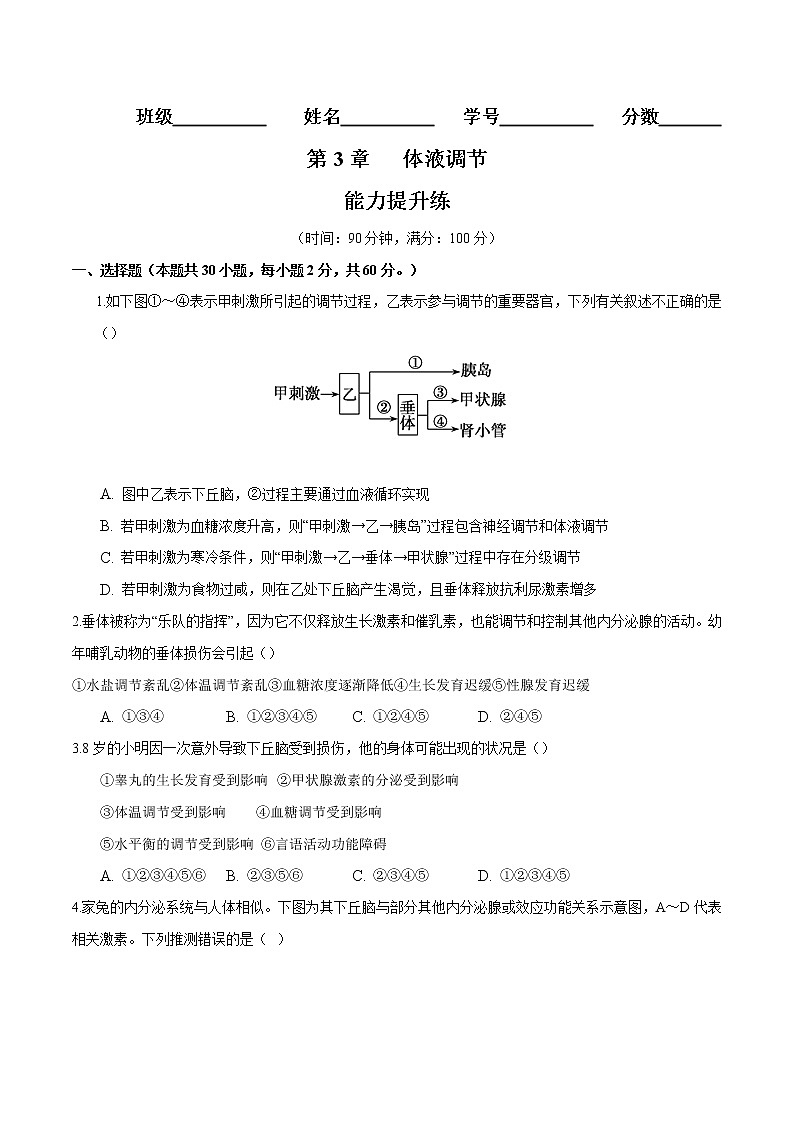 第3章 体液调节（能力提升练）-【单元测试】高二生物分层训练AB卷（人教版2019选择性必修1）01