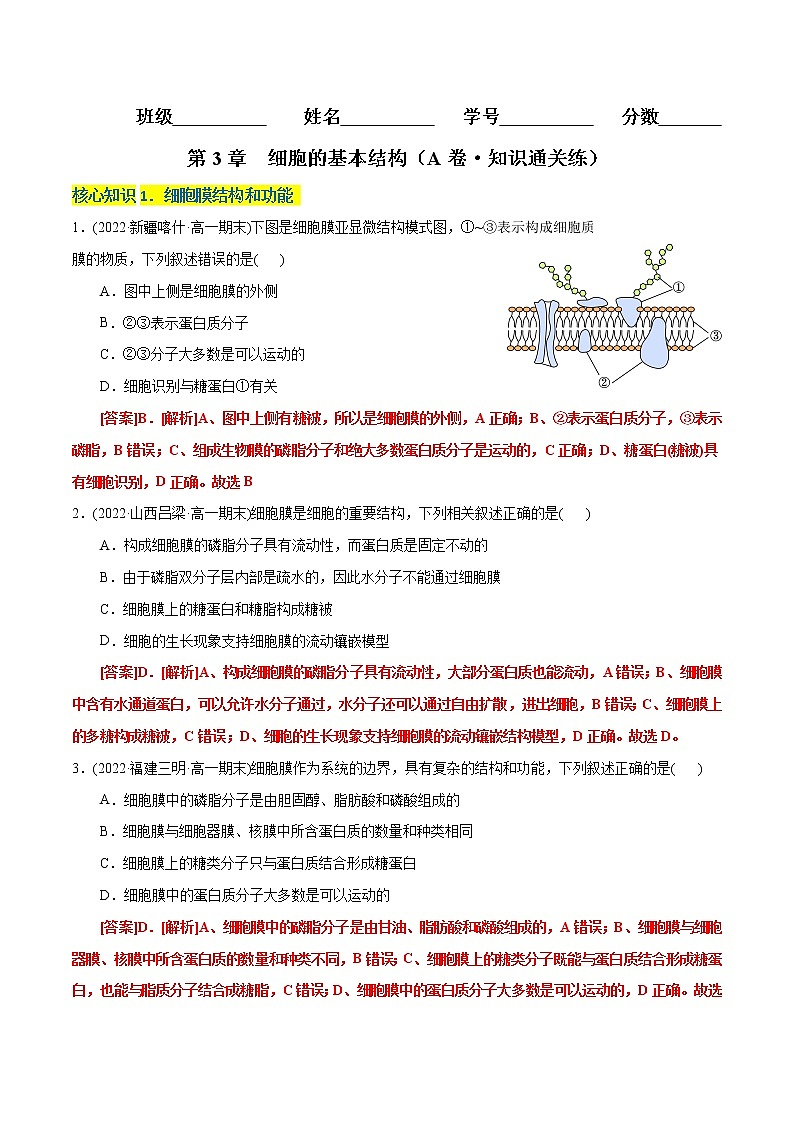 第3章 细胞的基本结构（A卷·知识通关练）-【单元测试】高一生物分层训练AB卷（2019人教版必修1）01