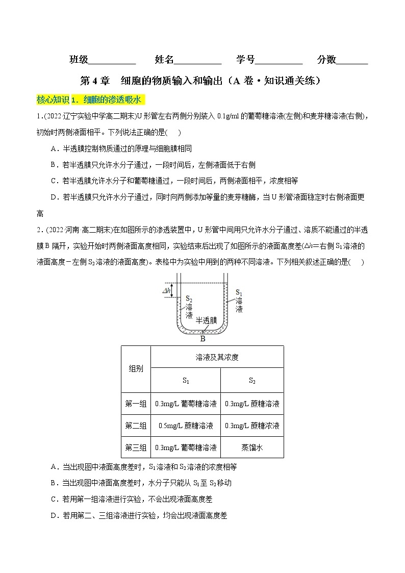 第4章 细胞的物质输入和输出（A卷·知识通关练）-【单元测试】2022-2023学年高一生物分层训练AB卷（2019人教版必修1）01