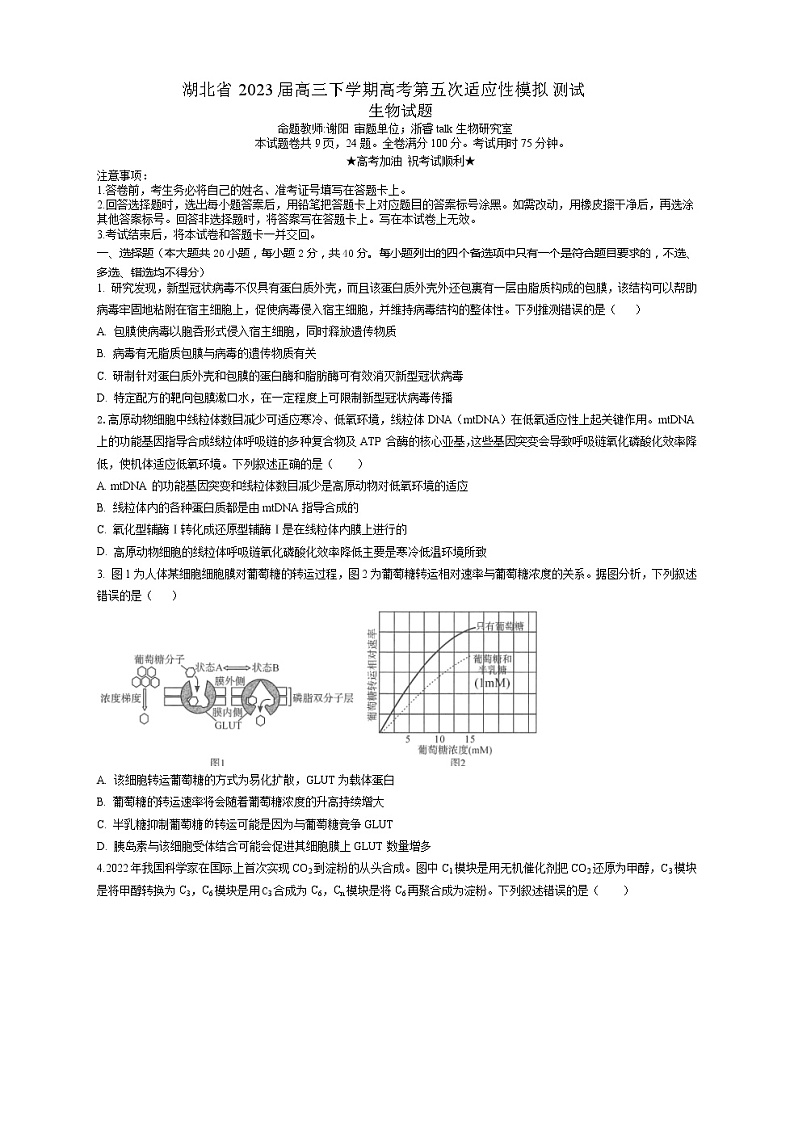 2022-2023学年湖北省高三下学期高考第五次适应性模拟测试生物含解析01