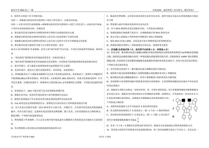 2023届河北省衡水衡水中学高三一模生物PDF版含答案 试卷02