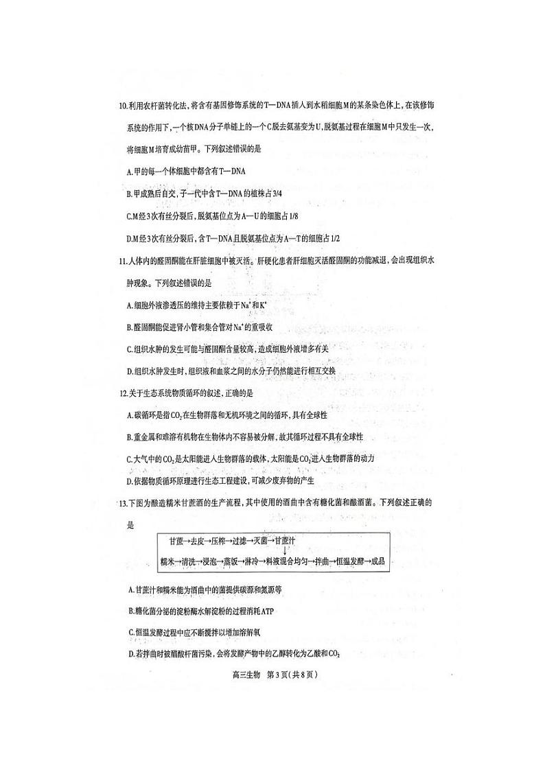 2023届河北省石家庄市高中毕业年级教学质量检测（二）生物第3页