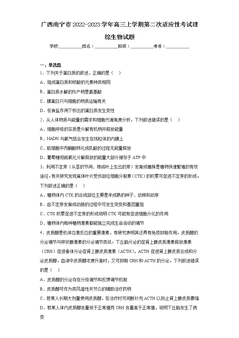 广西南宁市2022-2023学年高三上学期第二次适应性考试理综生物试题（含答案）01