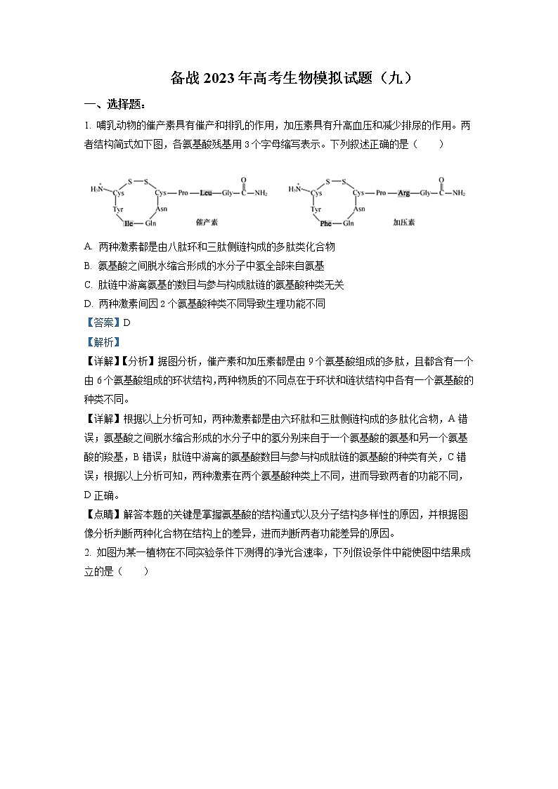 四川省自贡市蜀光中学2023届高三生物下学期模拟试题（九）（Word版附解析）01