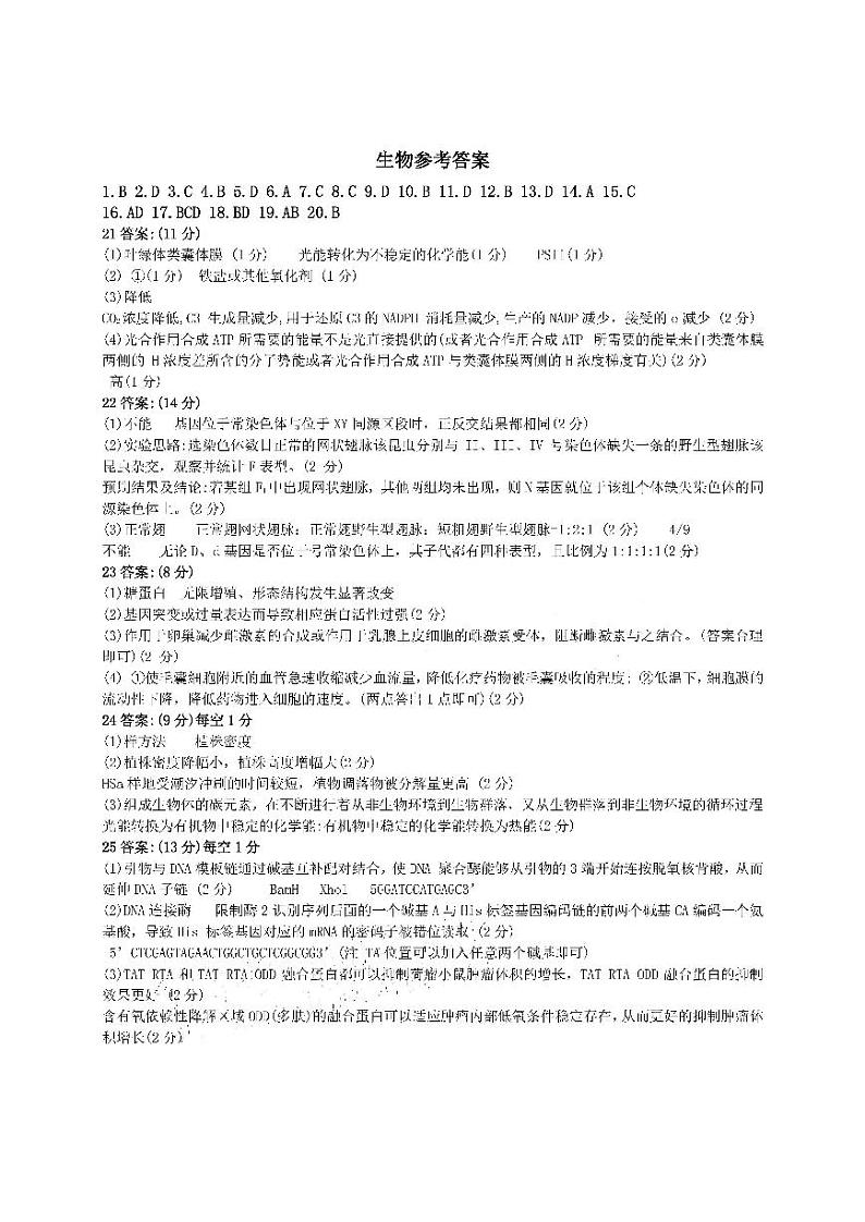 2023年4月山东省新高考联合模拟考试（济南二模）生物答案第1页