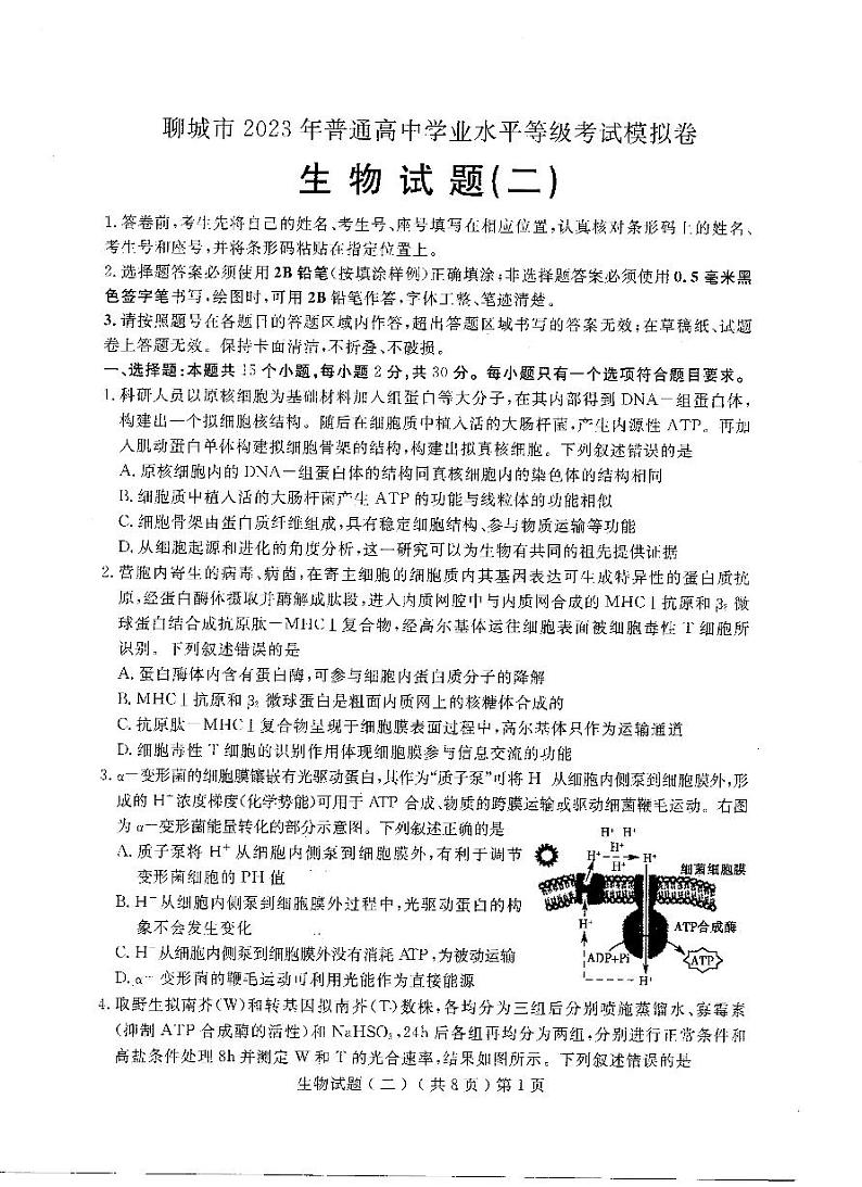 2023聊城-高三下学期高考二模生物PDF含答案 试卷01