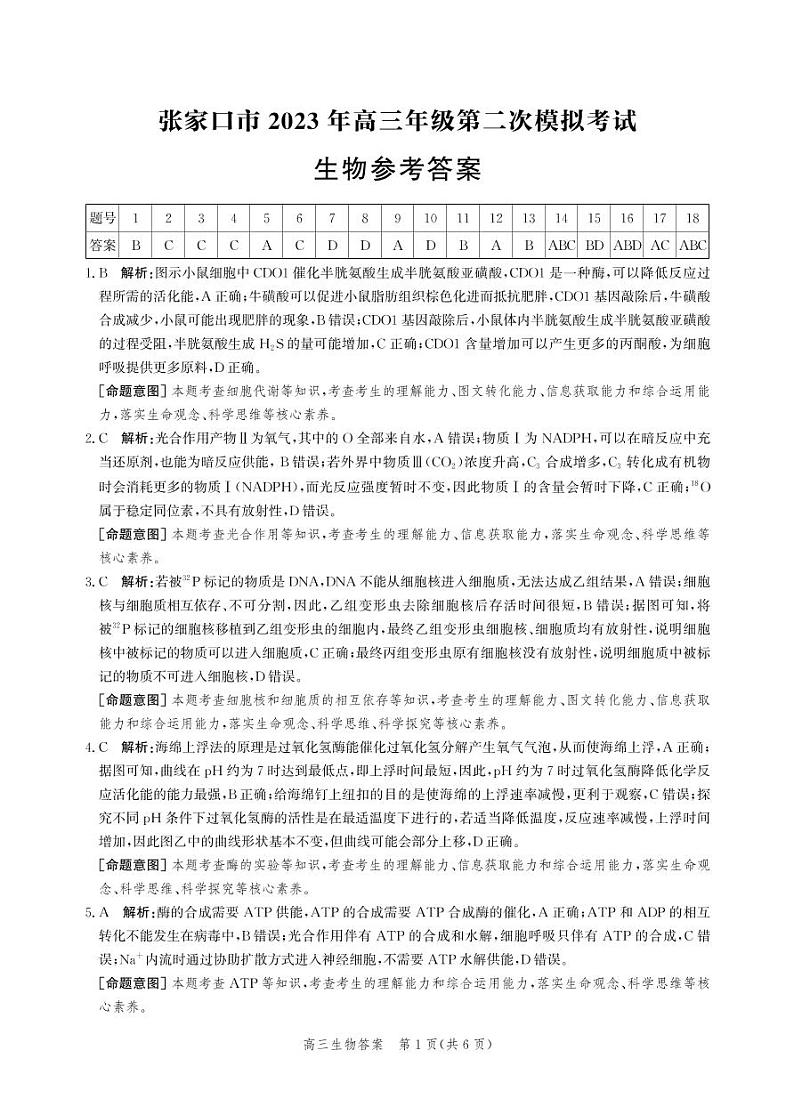 2023张家口-高三下学期第二次模拟考试生物PDF含答案01