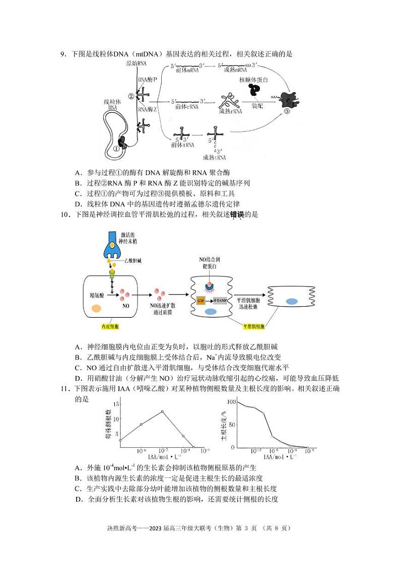 江苏省决胜新高考2022-2023学年高三下学期4月大联考生物试题第3页