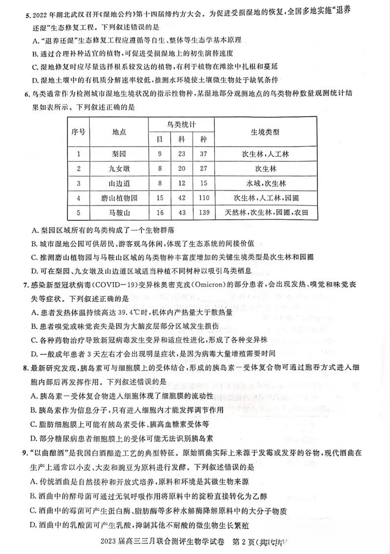 2023年湖北省高三三月联合测评生物试卷（附答案）02