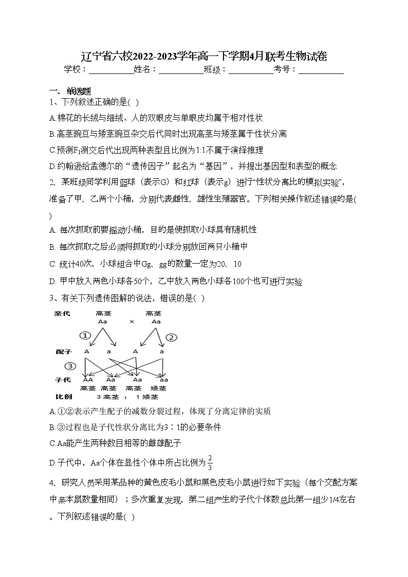 辽宁省六校2022-2023学年高一下学期4月联考生物试卷（含答案）01