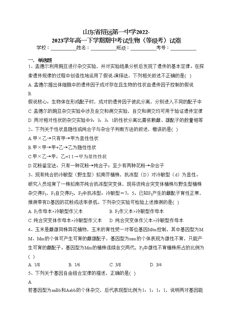 山东省招远第一中学2022-2023学年高一下学期期中考试生物（等级考）试卷（含答案）01