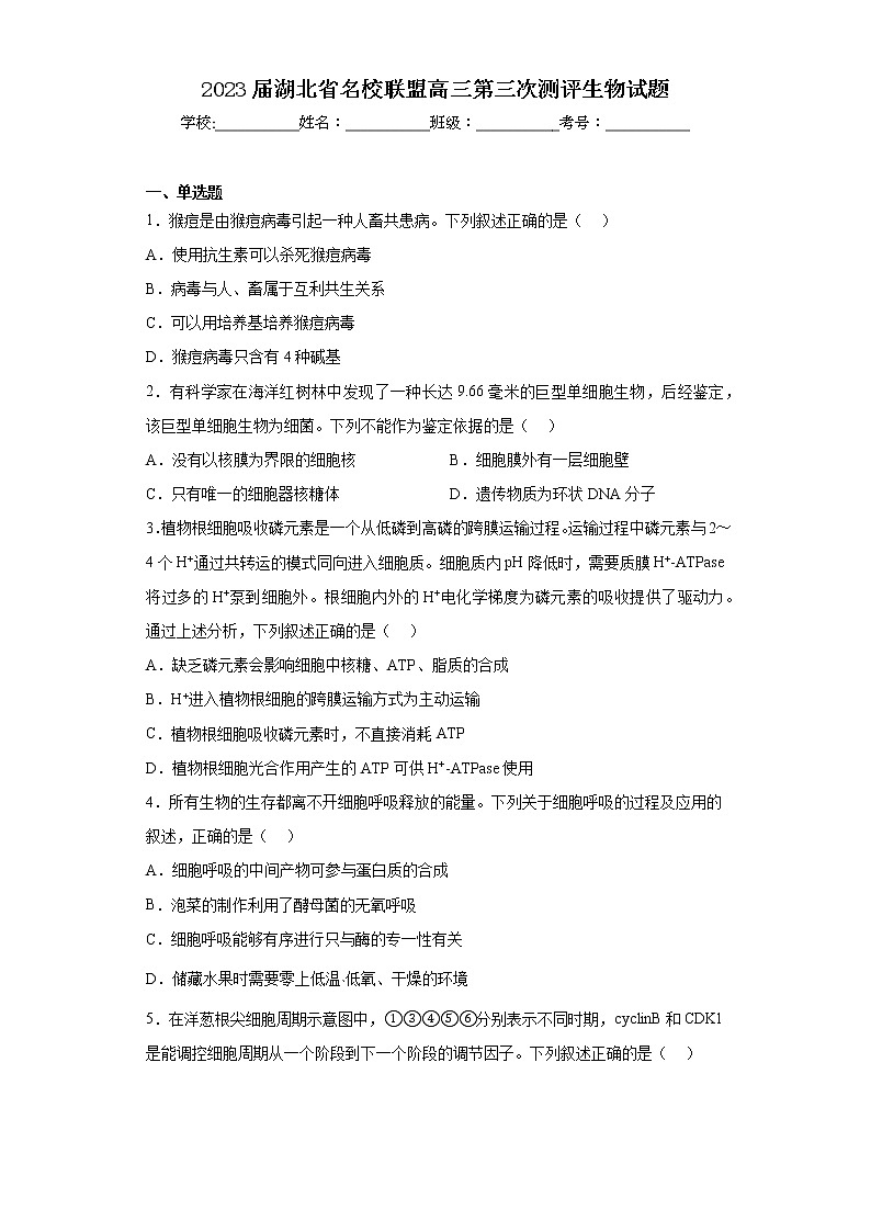 2023届湖北省名校联盟高三第三次测评生物试题（含答案）第1页