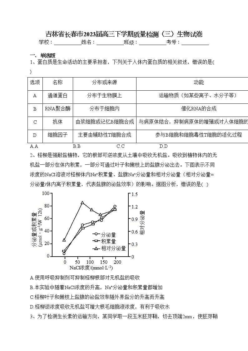 吉林省长春市2023届高三下学期质量检测（三）生物试卷（含答案）01