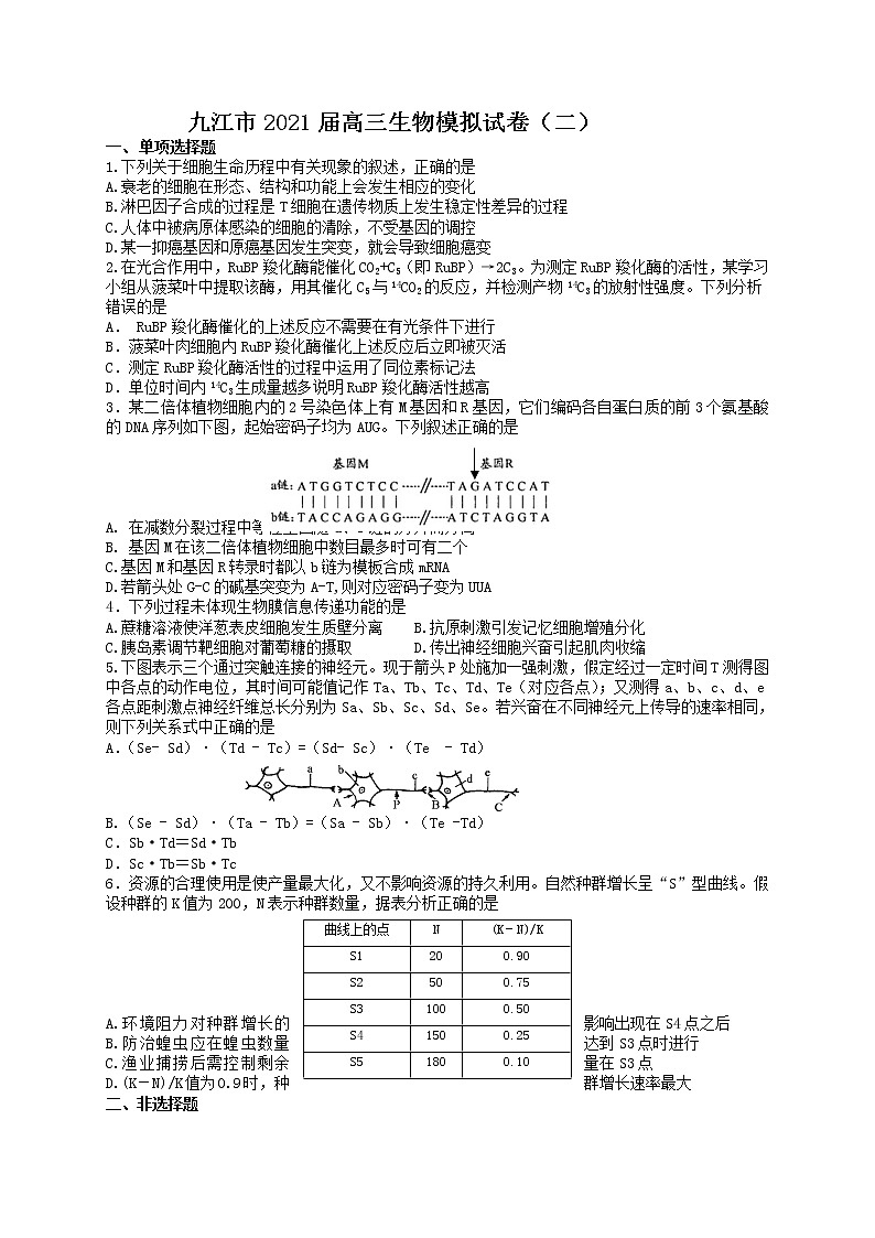 2021届江西省九江市高三三模考试（二）（生物）第1页