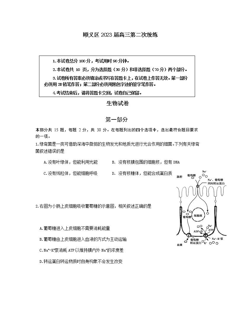 2022-2023学年北京市顺义区高三下学期二模生物试题含答案01