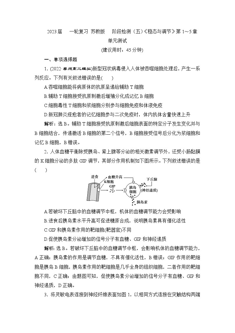 2023届苏教版高考生物一轮复习阶段检测（五）《稳态与调节》第1～5章单元测试含答案第1页