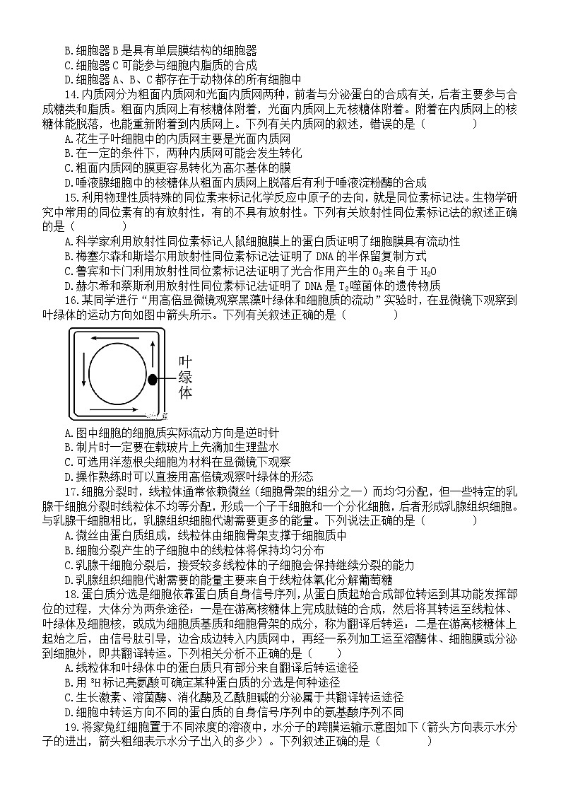 高中生物人教版新教材必修一新增知识点专项练习（附参考答案）03