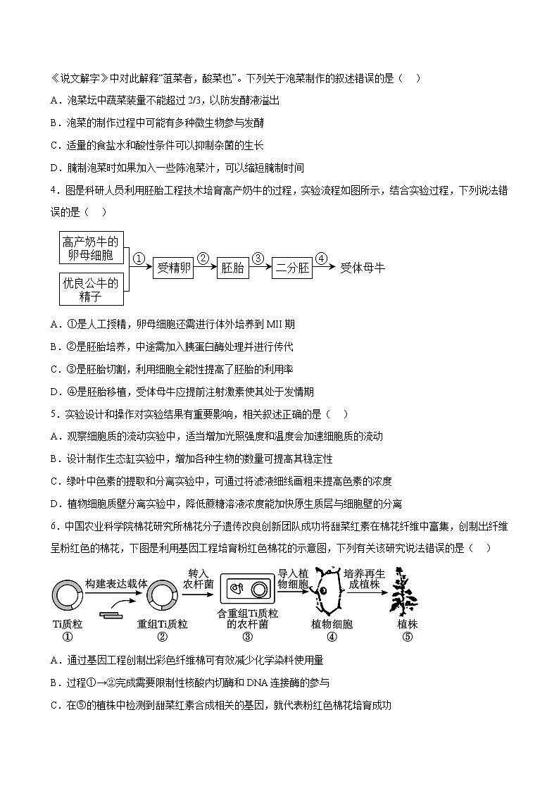 2023年高考考前押题密卷-生物（江苏卷）（考试版）02
