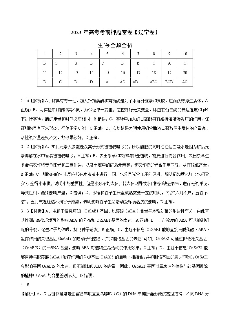 2023年高考考前押题密卷-生物（辽宁卷）（全解全析）01