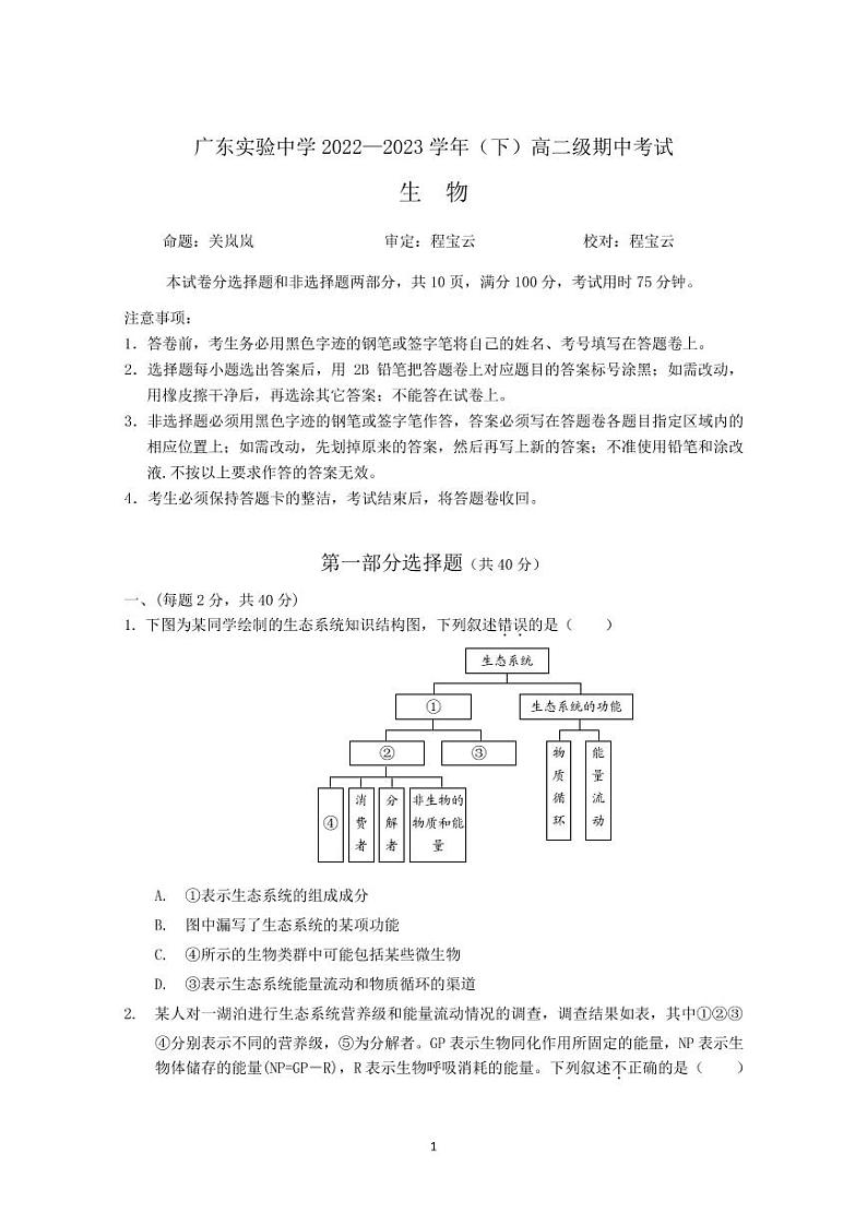 2022-2023学年广东实验中学高二下学期期中考试生物PDF版含答案01