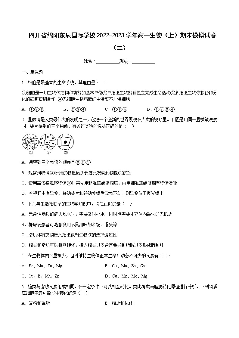 2022-2023学年四川省绵阳东辰国际学校高一生物（上）期末模拟试卷（二）含答案01