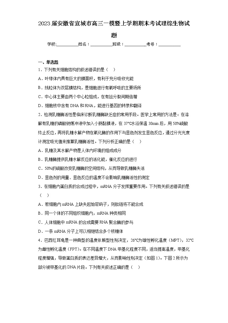 2023届安徽省宣城市高三一模暨上学期期末考试理综生物试题第1页