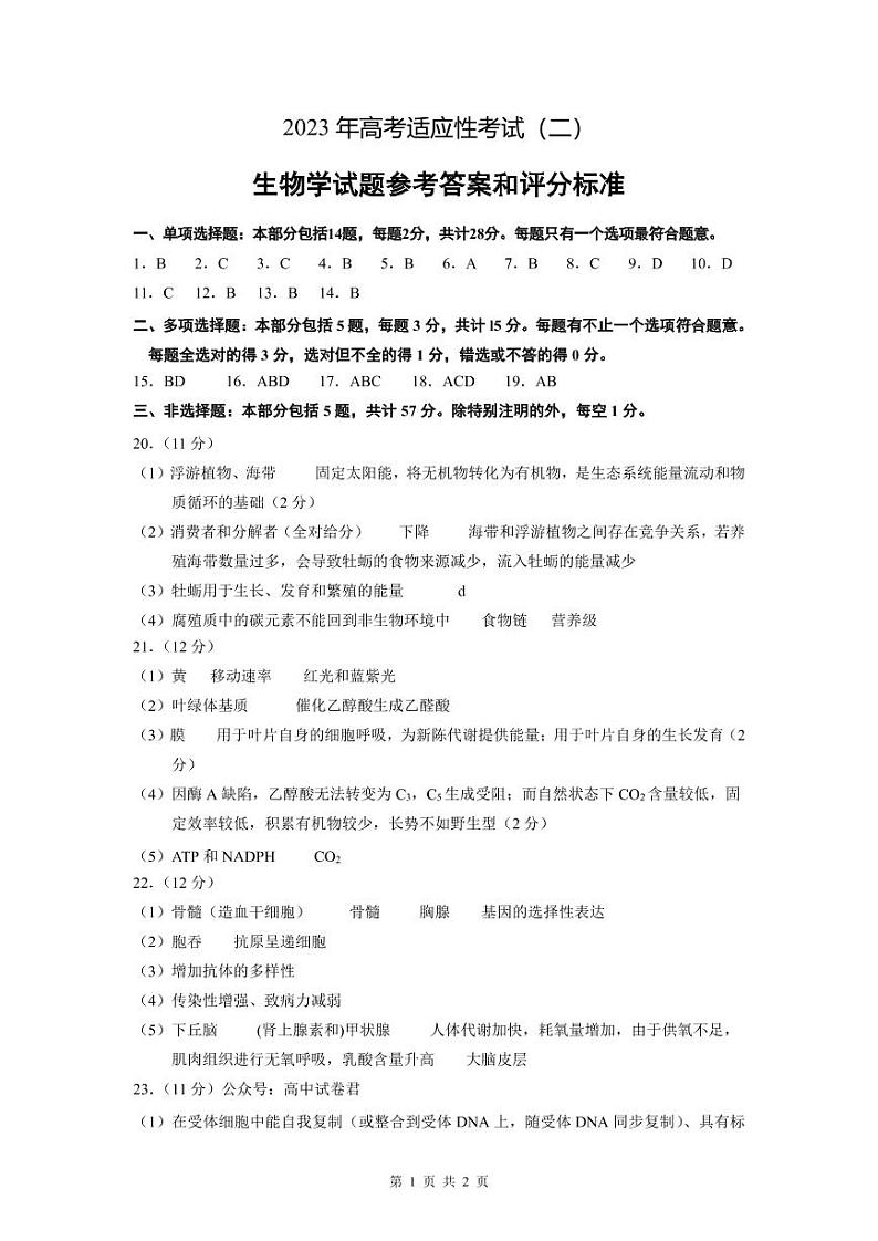 2022-2023学年江苏省南通市如皋市高三下学期高考适应性考试（二）生物 PDF版01
