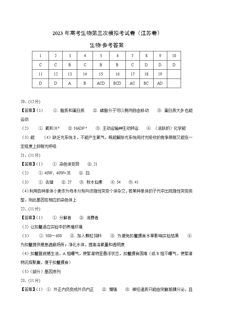 2023年高考第三次模拟考试卷-生物（江苏A卷）（参考答案）01