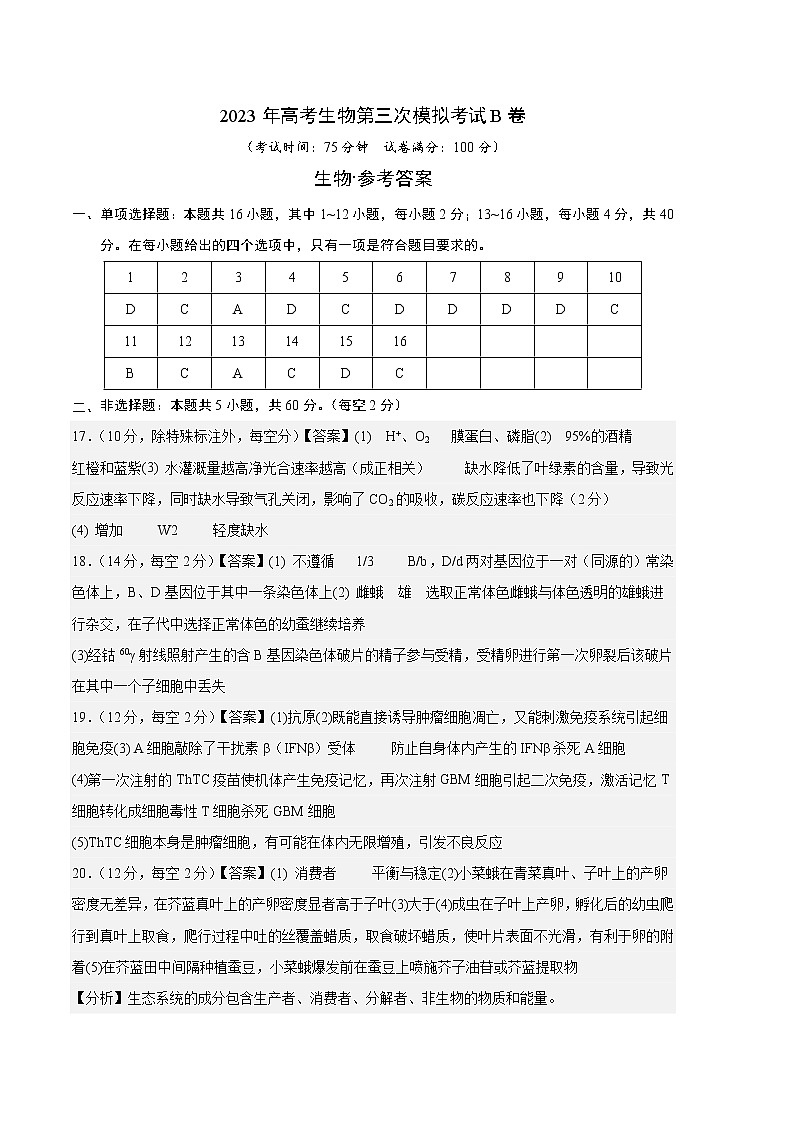 2023年高考第三次模拟考试卷-生物（福建B卷）（参考答案）01