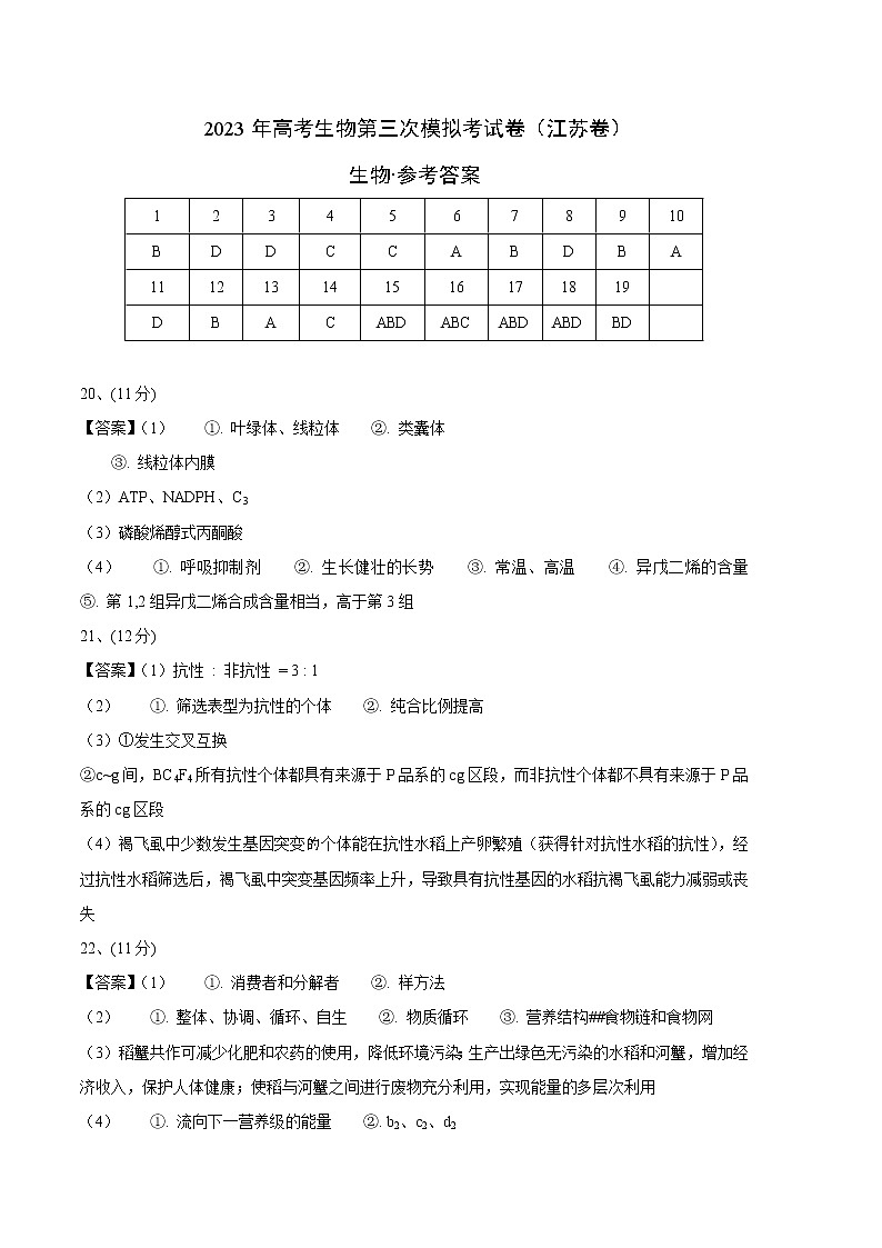2023年高考第三次模拟考试卷-生物（江苏B卷）（参考答案）01