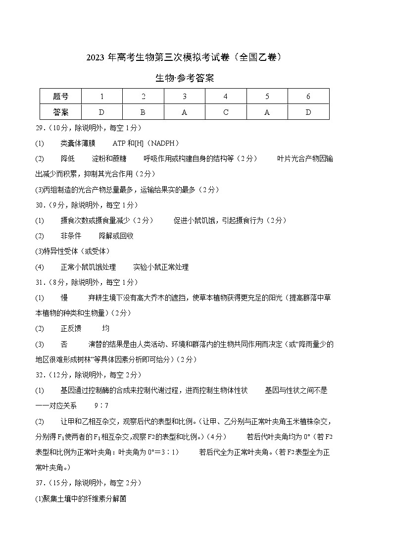 2023年高考第三次模拟考试卷-生物（全国乙卷A卷）（参考答案）第1页
