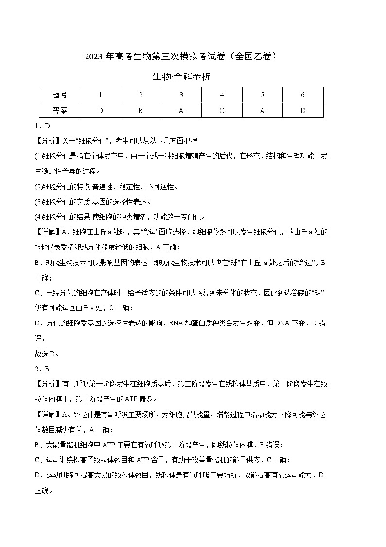 2023年高考第三次模拟考试卷-生物（全国乙卷A卷）（全解全析）第1页