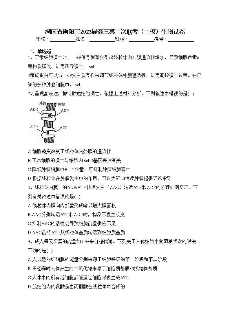 湖南省衡阳市2023届高三第二次联考（二模）生物试卷(含答案)01