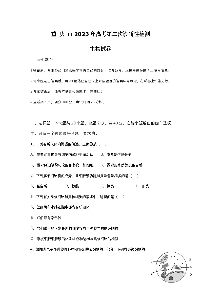 重庆市2023届高三下学期第二次诊断性检测（二模）生物试卷（含部分解析）+Word版01