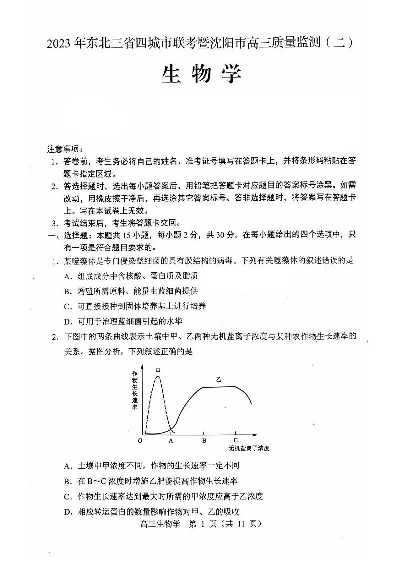 东北三省四市2023届高三下学期质量检测（二）生物试卷（图片版）+含答案第1页