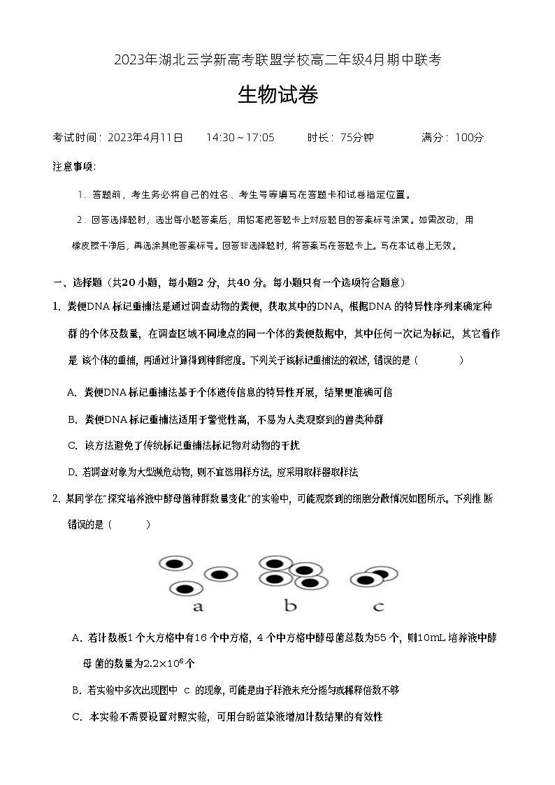 湖北省云学新高考联盟学校2022-2023学年高二生物下学期4月期中联考试题（Word版附答案）01