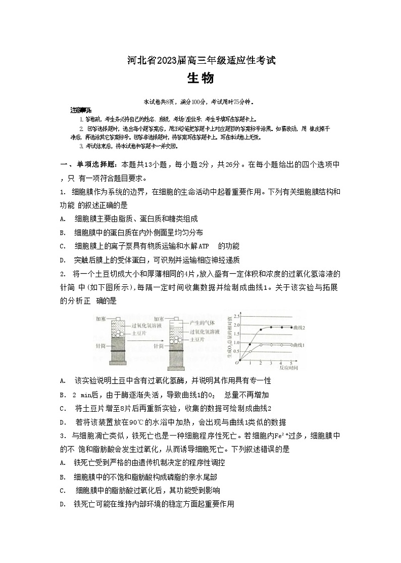河北省2022-2023学年高三下学期4月适应性考试  生物01