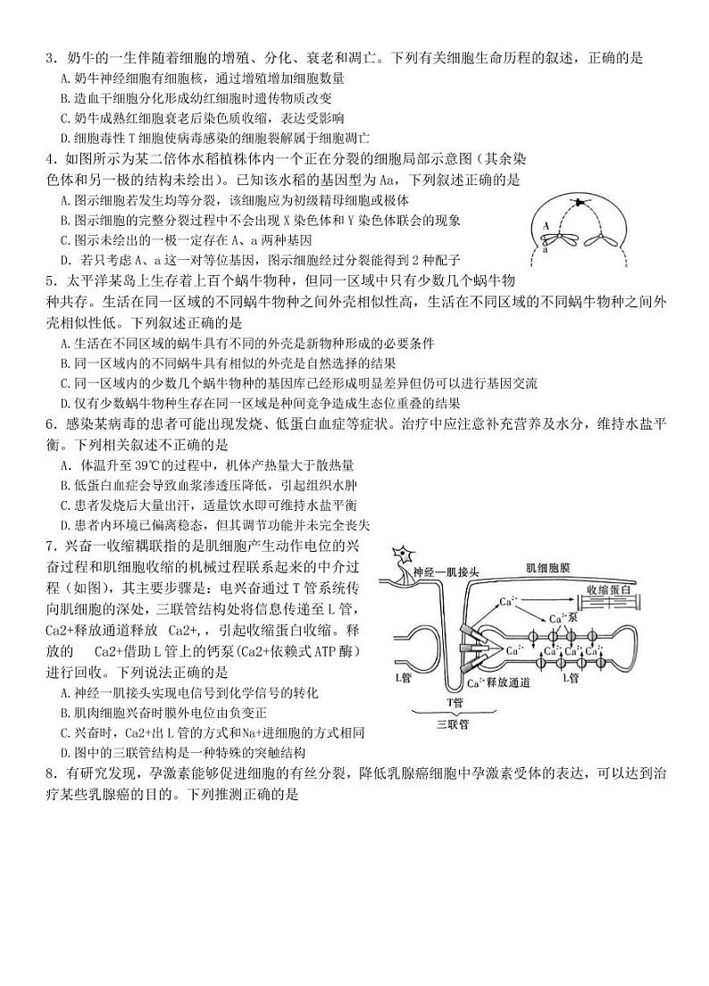 2023届湖南省长沙市长郡中学高三模拟试卷（一）生物第2页