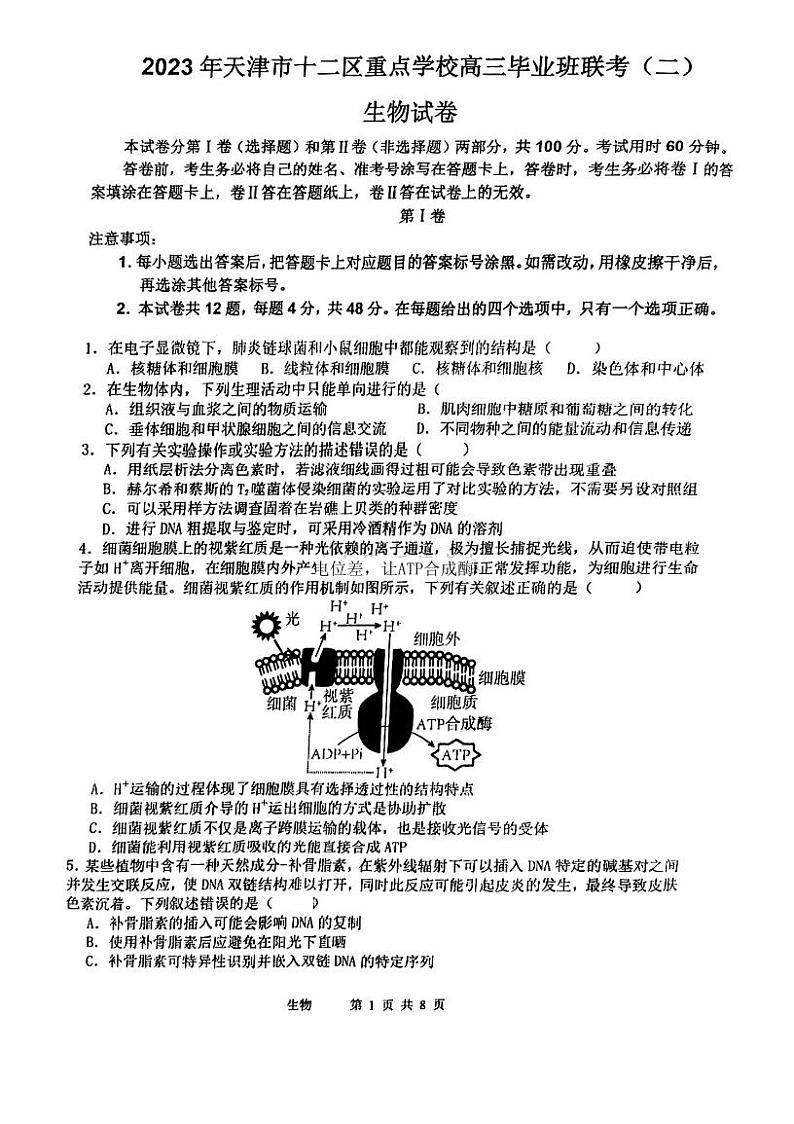 2023届天津市十二区重点学校高三毕业班联考(二)生物试卷及答案01
