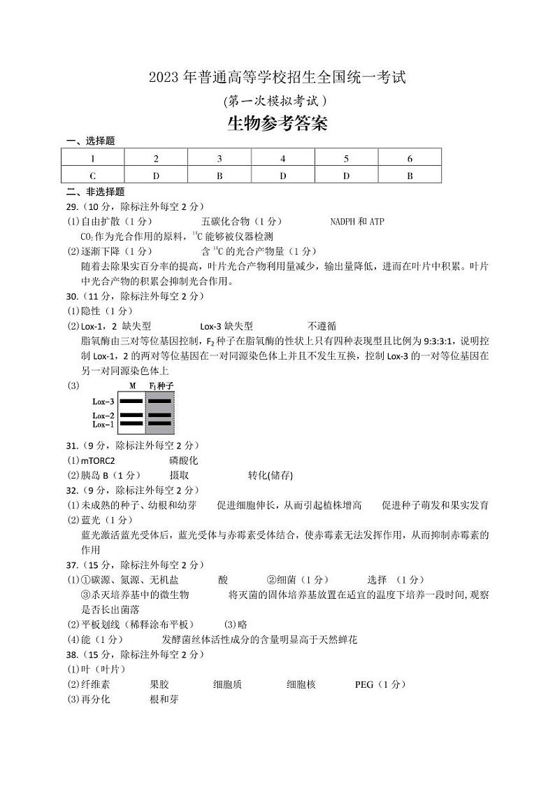 2023届内蒙古包头市高三一模考试丨理综生物答案01