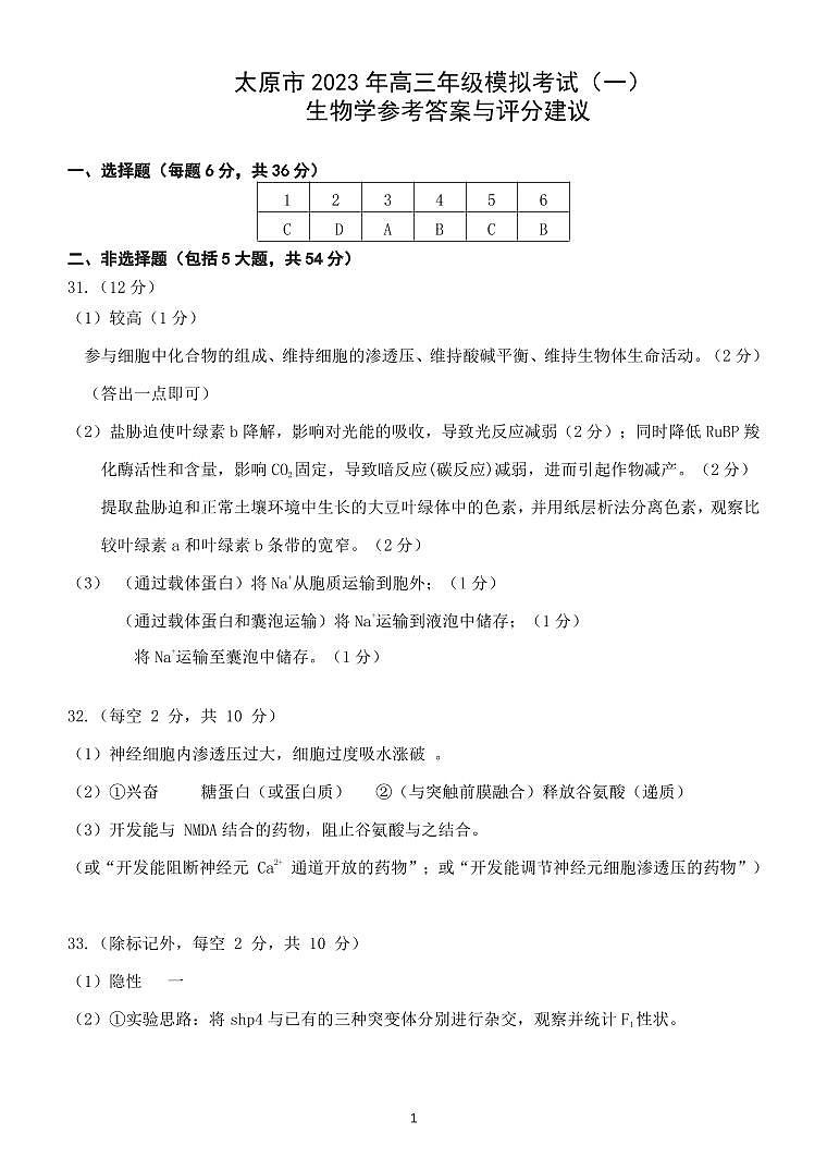 山西省太原市2023届高三一模高三一模生物学答案第1页