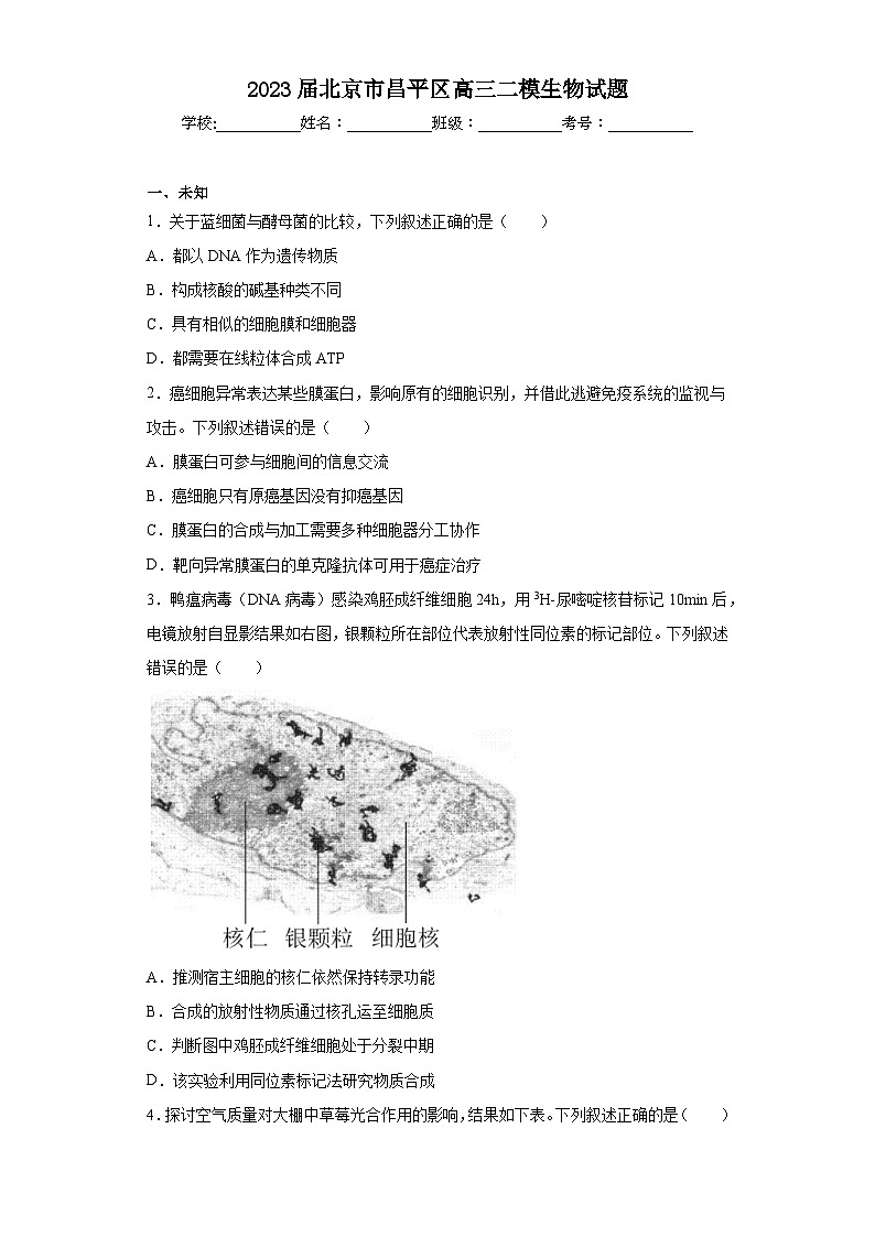2023届北京市昌平区高三二模生物试题（无答案）2第1页