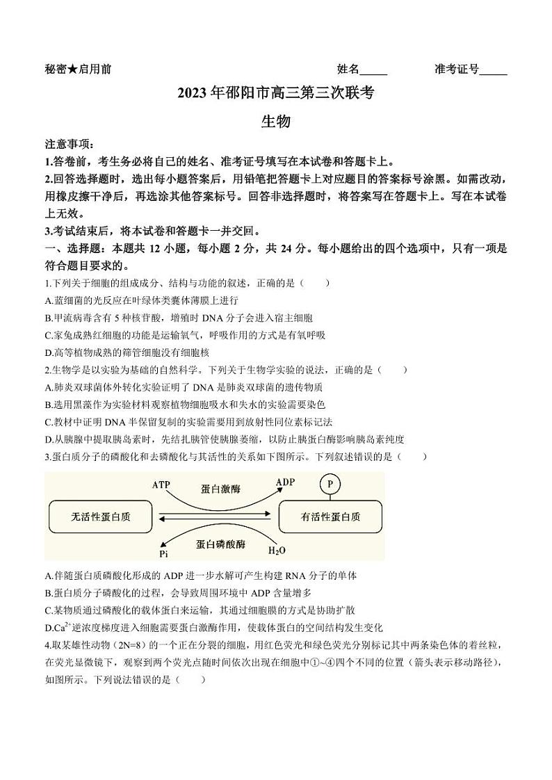 2023届湖南省邵阳市高三三模生物试题PDF版含答案01